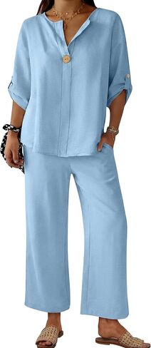 ANRABESS Womens Summer 2 Piece Lounge Sets 3/4 Sleeve V Neck Top Wide Leg Palazzo Pants Set 2026 Beach Travel Outfits in Kuwait