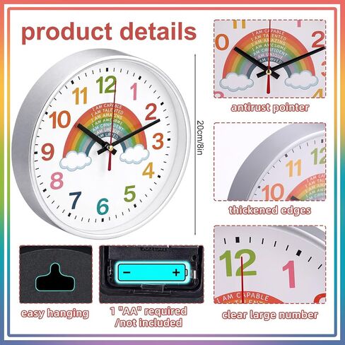Gerrii Rainbow Wall Clock 8 Inch Learning Teaching Time Colorful Clock Silent Non Ticking Battery Operated for Classroom Bedroom School Homeschool Battery Operated Glass Lens in Kuwait