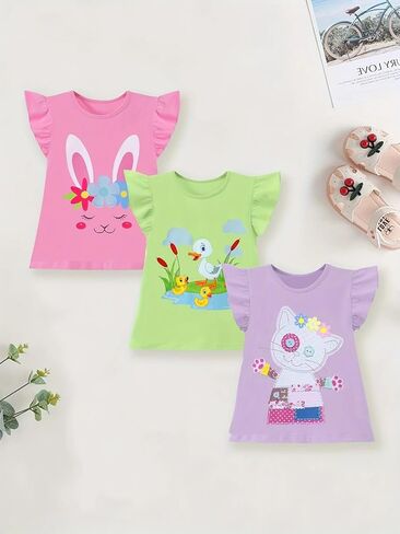 Girls 3 Pack Ruffle Sleeve T-Shirts, Cute Animal Print Tees with Pink Green Purple Casual Tops for 2-7Y in Kuwait