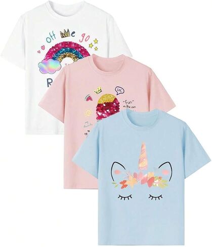 Girls Graphic T-Shirt 3-Pack, Printed Short Sleeve Crewneck Tees for Kids 8–14 in Kuwait