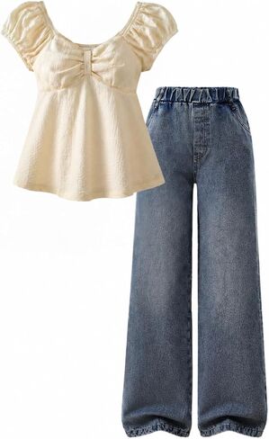Tween Girl Clothes 2 Pieces Set Blouses Top + Jeans Summer Fall Outfit Set, Size 8-15 Years in Kuwait