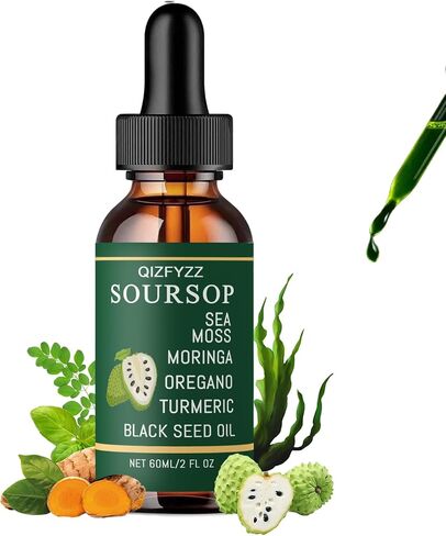 قطرات سائلة من Qizfyzz Soursop Bitters، قطرات سائلة Soursop Bitters 10 في 1 مع طحالب البحر، المورينغا، الكركم، زيت الحبة السوداء، الأوريجانو، أشواغاندا، مستخلصات عشبية للصحة العامة (قطعة واحدة) in Kuwait
