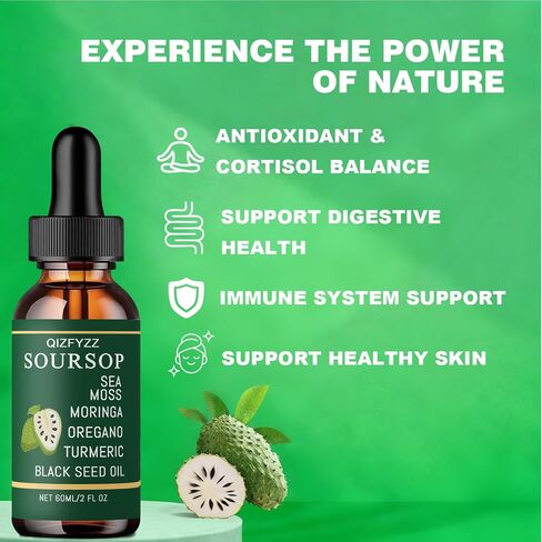 قطرات سائلة من Qizfyzz Soursop Bitters، قطرات سائلة Soursop Bitters 10 في 1 مع طحالب البحر، المورينغا، الكركم، زيت الحبة السوداء، الأوريجانو، أشواغاندا، مستخلصات عشبية للصحة العامة (قطعة واحدة) in Kuwait
