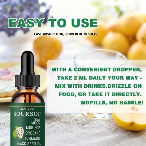 قطرات سائلة من Qizfyzz Soursop Bitters، قطرات سائلة Soursop Bitters 10 في 1 مع طحالب البحر، المورينغا، الكركم، زيت الحبة السوداء، الأوريجانو، أشواغاندا، مستخلصات عشبية للصحة العامة (قطعة واحدة) in Kuwait