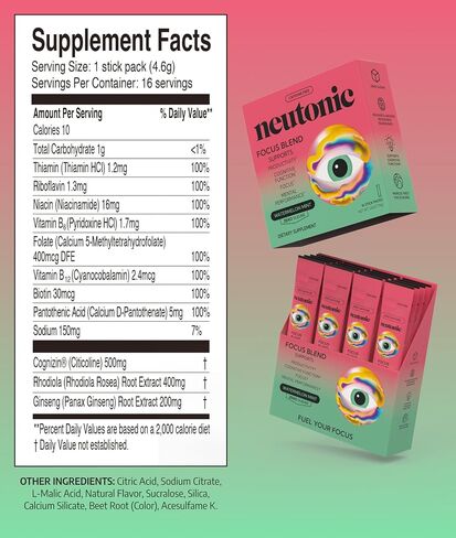 Neutonic Nootropic Focus Blend Powder | Watermelon Mint 16 Sticks | Caffeine Free, Zero Sugar | Support Memory, Mental Clarity, Cognitive Function | Boost Focus, Energy, Brain Health in Kuwait
