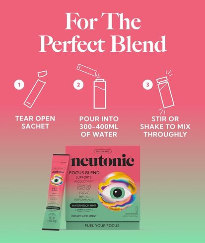 Neutonic Nootropic Focus Blend Powder | Watermelon Mint 16 Sticks | Caffeine Free, Zero Sugar | Support Memory, Mental Clarity, Cognitive Function | Boost Focus, Energy, Brain Health in Kuwait