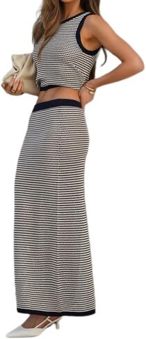 ksotutm Womens Two Piece Sets Knit Summer Outfits Round Neck Tank Top Low Waist Maxi Skirt Business Casual Outfits in Saudi Arabia