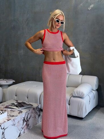 ksotutm Womens Two Piece Sets Knit Summer Outfits Round Neck Tank Top Low Waist Maxi Skirt Business Casual Outfits in Saudi Arabia