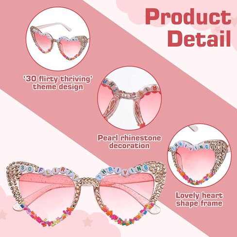 30 Flirty Thriving Birthday Glasses, Pink Heart-Shaped Sunglasses, Funny 30th Birthday Party Accessories and Gifts for Women in Saudi Arabia