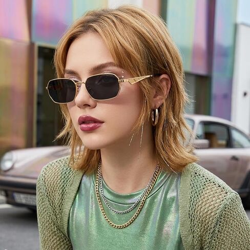 Dollger Retro Rectangle Sunglasses for Women Men Small Narrow Square Metal Frame UV400 Protection Hip Hop Sun Glasses in Kuwait