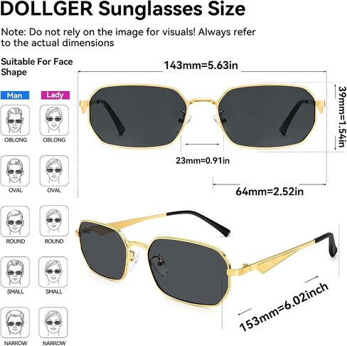 Dollger Retro Rectangle Sunglasses for Women Men Small Narrow Square Metal Frame UV400 Protection Hip Hop Sun Glasses in Kuwait