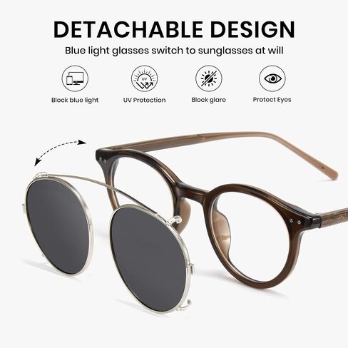 Cyxus 2-in-1 Clip On Polarized Sunglasses & Blue Light Blocking Glasses, Retro Round TR90 Acetate Computer Eyewear in Kuwait