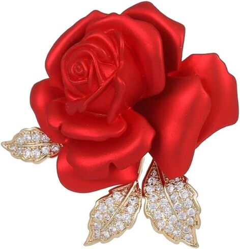 Anmpab Red Rose Brooch with Rhinestone Leaf Sparkling Floral Lapel Corsage Pin for Women Cardigans Hats and Bridal Accessories in Kuwait