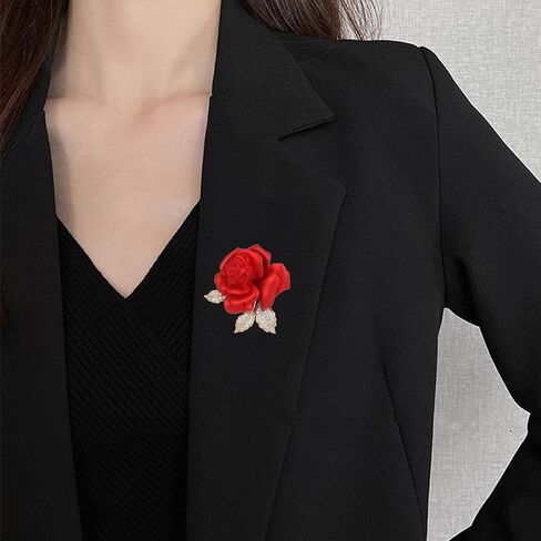 Anmpab Red Rose Brooch with Rhinestone Leaf Sparkling Floral Lapel Corsage Pin for Women Cardigans Hats and Bridal Accessories in Kuwait