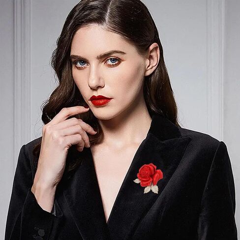 Anmpab Red Rose Brooch with Rhinestone Leaf Sparkling Floral Lapel Corsage Pin for Women Cardigans Hats and Bridal Accessories in Kuwait