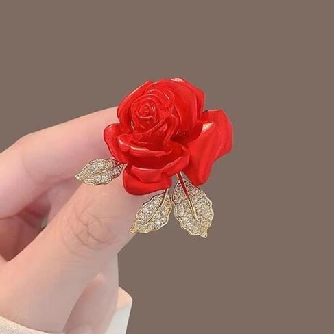 Anmpab Red Rose Brooch with Rhinestone Leaf Sparkling Floral Lapel Corsage Pin for Women Cardigans Hats and Bridal Accessories in Kuwait