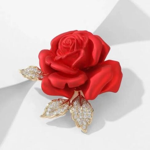 Anmpab Red Rose Brooch with Rhinestone Leaf Sparkling Floral Lapel Corsage Pin for Women Cardigans Hats and Bridal Accessories in Kuwait