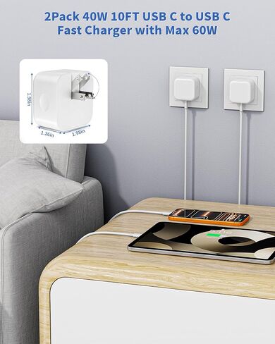 Type C Charger Fast Charging, 2Pack 45W Dual USB C Port Samsung Chargers Fast charging Block with 10FT Long USBC Charger Cable Cord for Samsung Galaxy S25/S25 Ultra/S25+/S24 Ultra/S24/S24+/S23/S22/S21 in Kuwait