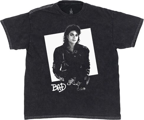 تي شيرت رجالي بأكمام قصيرة من Ripple Junction مايكل جاكسون ألبوم Bad King of Pop Vintage Mineral Wash مرخص رسميًا in Kuwait