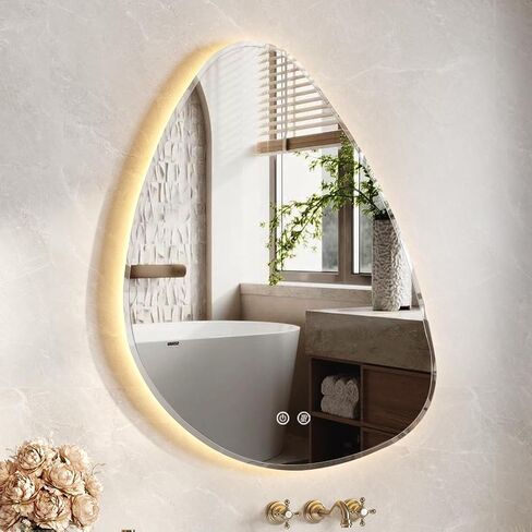 USHOWER Irregular LED Bathroom Mirror 26x32 - Asymmetrical Vanity Mirror with Backlit & Anti-Fog, 3 Color Temps & Dimmable Light for Makeup, Modern Wall Mounted Mirrors for Bathroom, Bedroom in Saudi Arabia