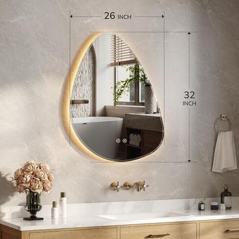 USHOWER Irregular LED Bathroom Mirror 26x32 - Asymmetrical Vanity Mirror with Backlit & Anti-Fog, 3 Color Temps & Dimmable Light for Makeup, Modern Wall Mounted Mirrors for Bathroom, Bedroom in Saudi Arabia