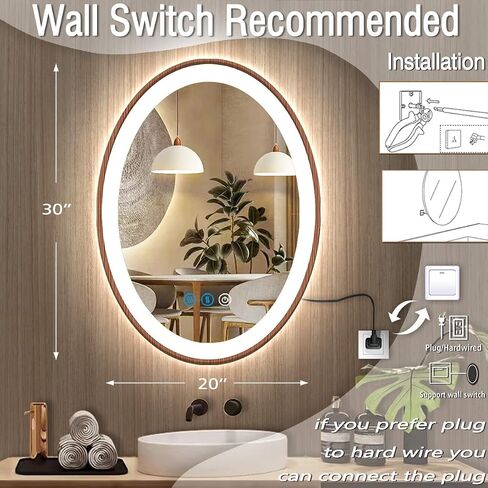 مرآة خشبية بيضاوية LED للحمام مقاس 20 × 30 بوصة مع إطار خشبي خفيف مرآة زينة بيضاوية مضاءة مع أضواء للحمام مثبتة على الحائط ذاكرة ذكية 3 ألوان حبيبات خشبية مضادة للضباب قابلة للتعتيم in Kuwait
