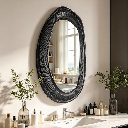 POZINO Irregular Wall Mirror, 40"X20" Asymmetrical Oval Accent Mirror with Wood Frame, Organic Shape Mirrors for Entryway Hallway Bedroom Living Room Bathroom, Horizontal or Vertical Hanging in Saudi Arabia