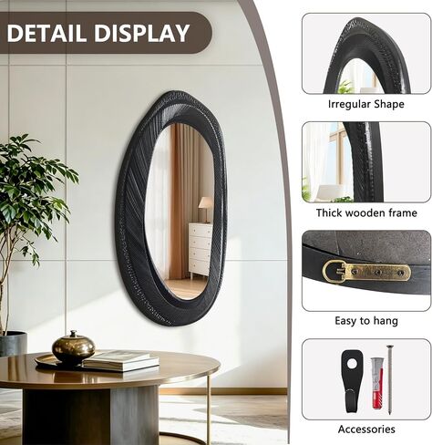 POZINO Irregular Wall Mirror, 40"X20" Asymmetrical Oval Accent Mirror with Wood Frame, Organic Shape Mirrors for Entryway Hallway Bedroom Living Room Bathroom, Horizontal or Vertical Hanging in Saudi Arabia