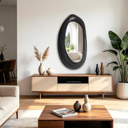 POZINO Irregular Wall Mirror, 40"X20" Asymmetrical Oval Accent Mirror with Wood Frame, Organic Shape Mirrors for Entryway Hallway Bedroom Living Room Bathroom, Horizontal or Vertical Hanging in Saudi Arabia