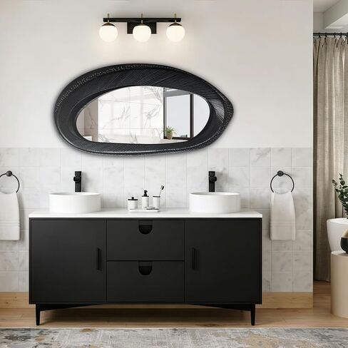 POZINO Irregular Wall Mirror, 40"X20" Asymmetrical Oval Accent Mirror with Wood Frame, Organic Shape Mirrors for Entryway Hallway Bedroom Living Room Bathroom, Horizontal or Vertical Hanging in Saudi Arabia