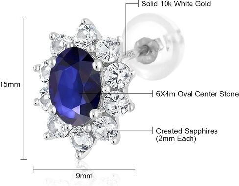 أقراط Gem Stone King من الذهب الأبيض عيار 10 قيراط والياقوت الأزرق والأبيض مكونة من الياقوت البيضاوي على شكل هالة للنساء | 1.70 قيراط | الأحجار الكريمة جوهرة سبتمبر | بيضاوي 6 × 4 مم in Kuwait