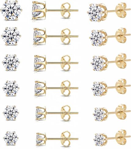 6 Pairs Gold Cubic Zirconia Stud Earrings Set for Women, 3-8MM Multi Size Stackable 316L Stainless Steel Hypoallergenic Waterproof Earrings, Fashion Trendy Jewelry for Women in Kuwait