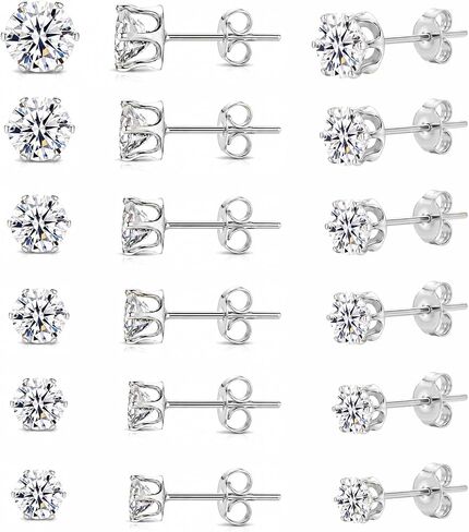 6 Pairs Gold Cubic Zirconia Stud Earrings Set for Women, 3-8MM Multi Size Stackable 316L Stainless Steel Hypoallergenic Waterproof Earrings, Fashion Trendy Jewelry for Women in Kuwait