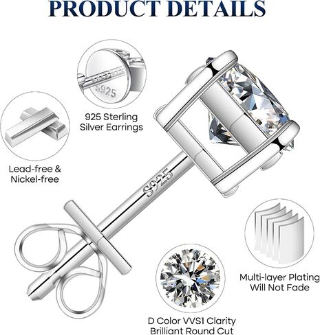 Moissanite Stud Earrings for Women Men, White Gold Plated 925 Sterling Silver D Color Lab Created Diamond Moissanite Earrings in Saudi Arabia
