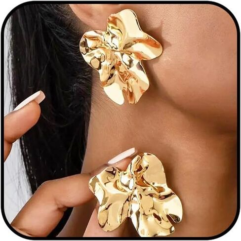 Chunky Silver Boho Pleated Stud Earrings for Women Trendy, Irregular Bold Gold Statement Floral Dangling Earring Retro Jewelry Gifts Costume Accessory in Saudi Arabia