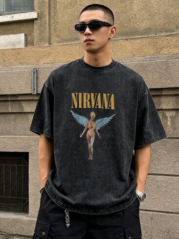 Men's Printed T-Shirt - Vintage Washed Distressed Cotton Oversized Breathable Casual Outdoor Top in Kuwait