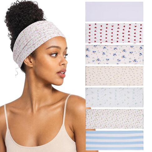 7pcs Fashion Women's Headbands for Short Hair Non Slip Elastic Floral Hairbands, Soft Fabric 2 Inches Thick Stripe Head Bands for Girls, Valentine's Day Heart Headbands in Saudi Arabia