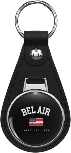 Bel Air Md Retro American Flag Usa City Name Black Leather Key Chain Keychain in Saudi Arabia