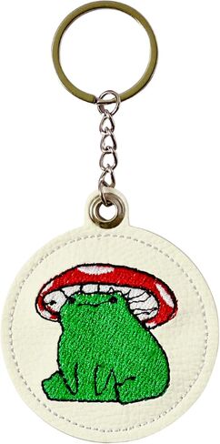 Frog Mushroom Keychain – Handmade Embroidered White PU Leather Bag Charm, Cute Frog Gift, Mushroom Keychains for Women, Animal Purse Charm, Unique Frog Accessories in Saudi Arabia