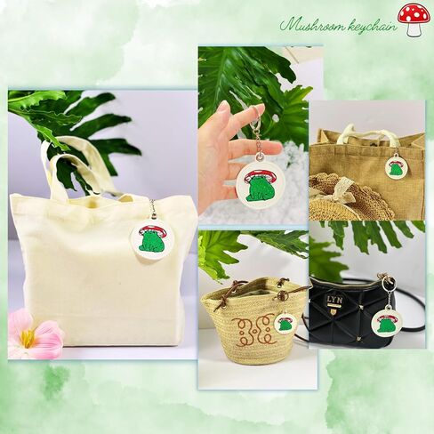 Frog Mushroom Keychain – Handmade Embroidered White PU Leather Bag Charm, Cute Frog Gift, Mushroom Keychains for Women, Animal Purse Charm, Unique Frog Accessories in Saudi Arabia