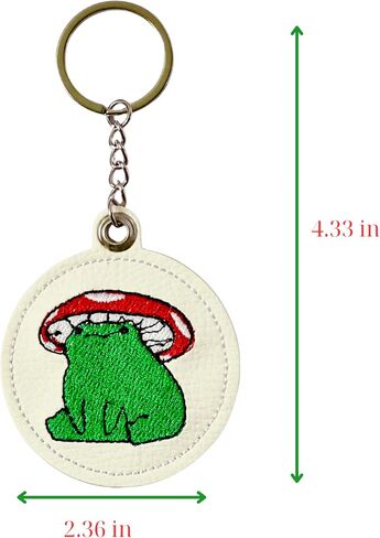 Frog Mushroom Keychain – Handmade Embroidered White PU Leather Bag Charm, Cute Frog Gift, Mushroom Keychains for Women, Animal Purse Charm, Unique Frog Accessories in Saudi Arabia