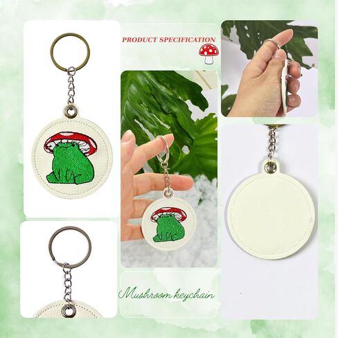 Frog Mushroom Keychain – Handmade Embroidered White PU Leather Bag Charm, Cute Frog Gift, Mushroom Keychains for Women, Animal Purse Charm, Unique Frog Accessories in Saudi Arabia