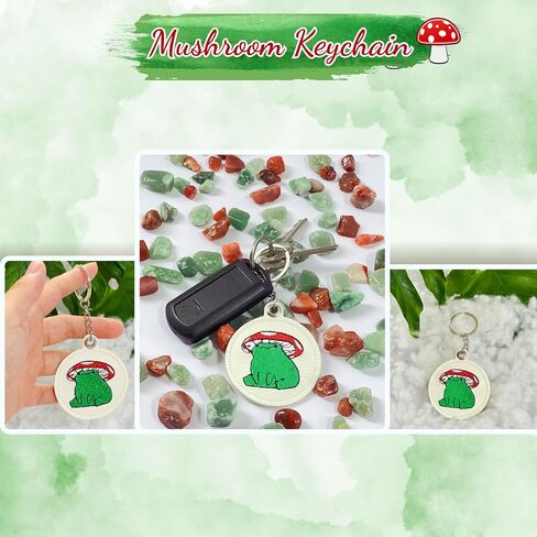 Frog Mushroom Keychain – Handmade Embroidered White PU Leather Bag Charm, Cute Frog Gift, Mushroom Keychains for Women, Animal Purse Charm, Unique Frog Accessories in Saudi Arabia