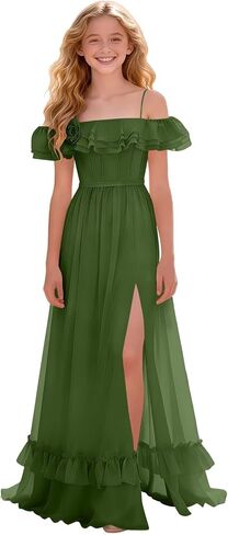 Junior Bridesmaid Dresses Off-Shoulder Chiffon Ruffle Flower Girl Dress Long Formal Wedding Party Gown with Slit in Saudi Arabia