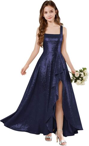 Girls Sequin Dress Junior Bridesmaid Dresses with Slit Square Neck Girls' Special Occasion Formal Pageant Prom Gown in Saudi Arabia