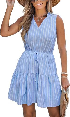 CUPSHE Womens Summer Dresses V Neck Sleeveless Striped Tiered Ruffle Drawstring A Line Beach Outfit Sundress Mini Dress in Kuwait
