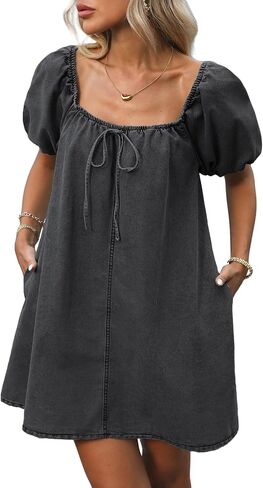 Women's Denim Mini Dress Puff Short Sleeve Square Neck Loose Jean Dresses with Pockets in Saudi Arabia