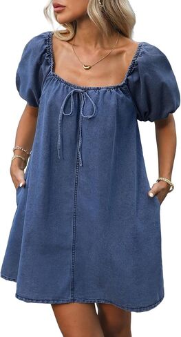 Women's Denim Mini Dress Puff Short Sleeve Square Neck Loose Jean Dresses with Pockets in Saudi Arabia
