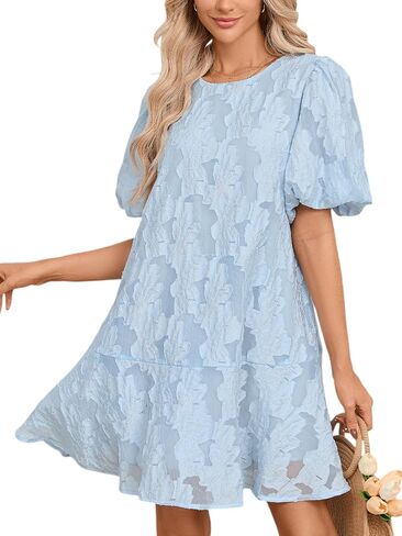 Women's Floral Jacquard Summer Mini Dress Short Puff Sleeve A-Line Babydoll Ruffle Sundress in Saudi Arabia