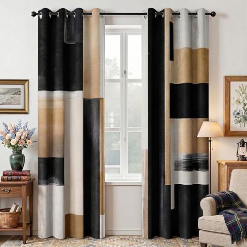 Black and Gold Abstract Blackout Curtain, Boho Modern Oil Painting Art Aesthetic Curtains, Beige Neutral Artistic Grommet Drapes 2 Panels, Farmhouse Bedroom Living Room Decor 52X84 Inch in Saudi Arabia